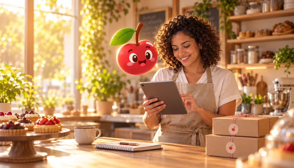 Cena ilustrativa de uma empreendedora organizando encomendas em um tablet, em sua cozinha.